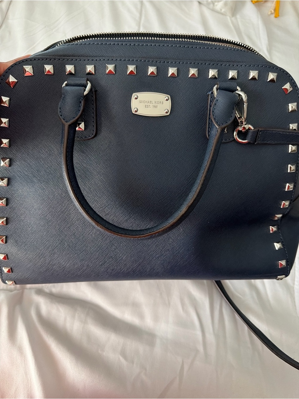 Michael Kors Navy Saffiano Studded Dome Satchel